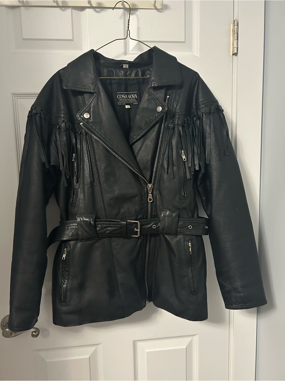 Vintage Casa Nova Black Leather Fringe Belted Jacket
